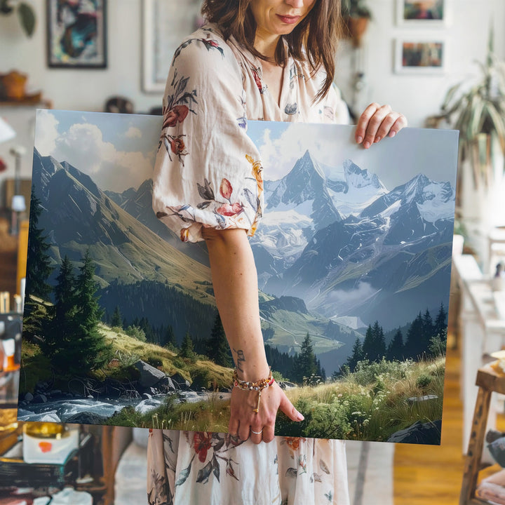 Mountain Majesty Panorama Canvas – Snowy Peaks, Creek & Cloudlight Landscape - Gifitto