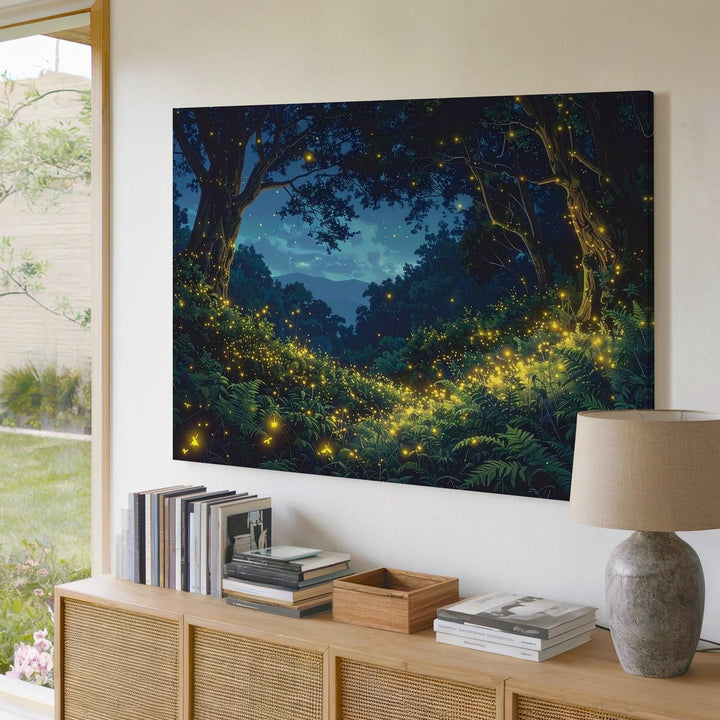 Firefly Forest Night Canvas – Mystical Woodland Glow & Starry Sky Art - Gifitto
