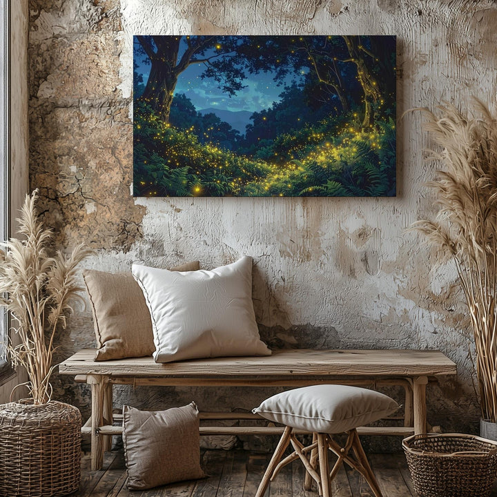 Firefly Forest Night Canvas – Mystical Woodland Glow & Starry Sky Art - Gifitto