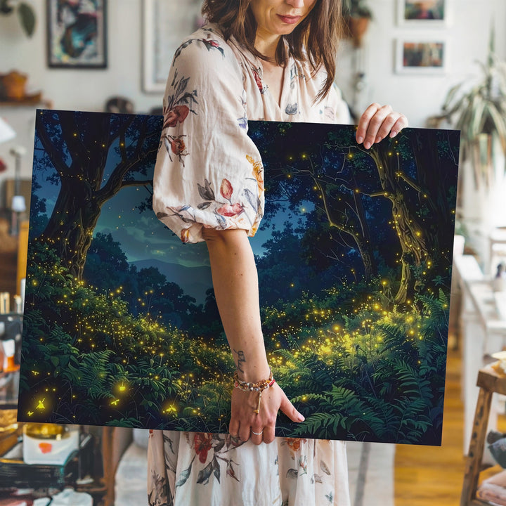 Firefly Forest Night Canvas – Mystical Woodland Glow & Starry Sky Art - Gifitto