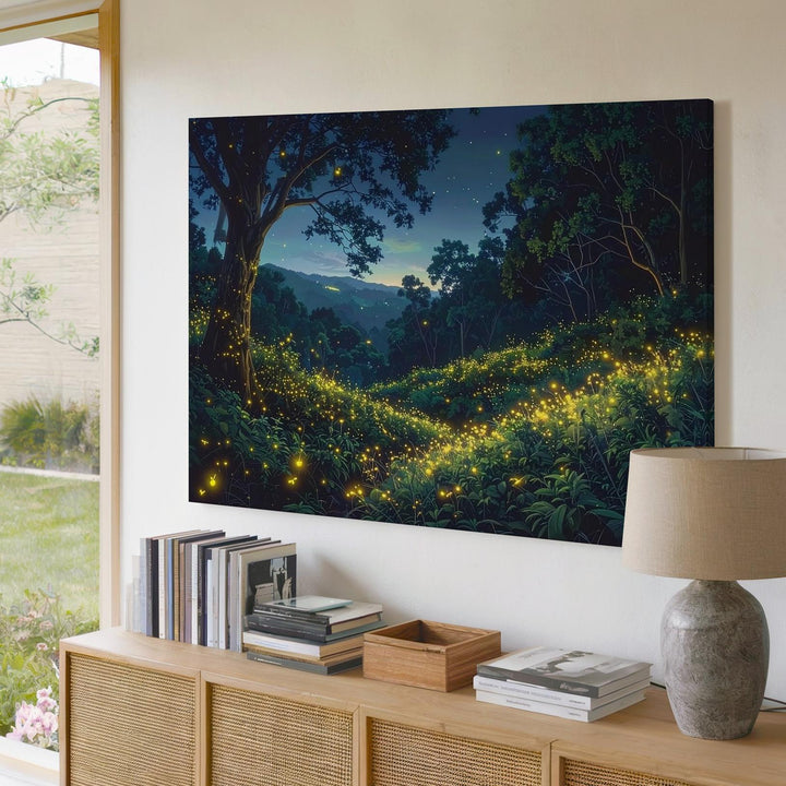 Twilight Firefly Forest Canvas – Glowing Night Woods & Starry Sky Art - Gifitto