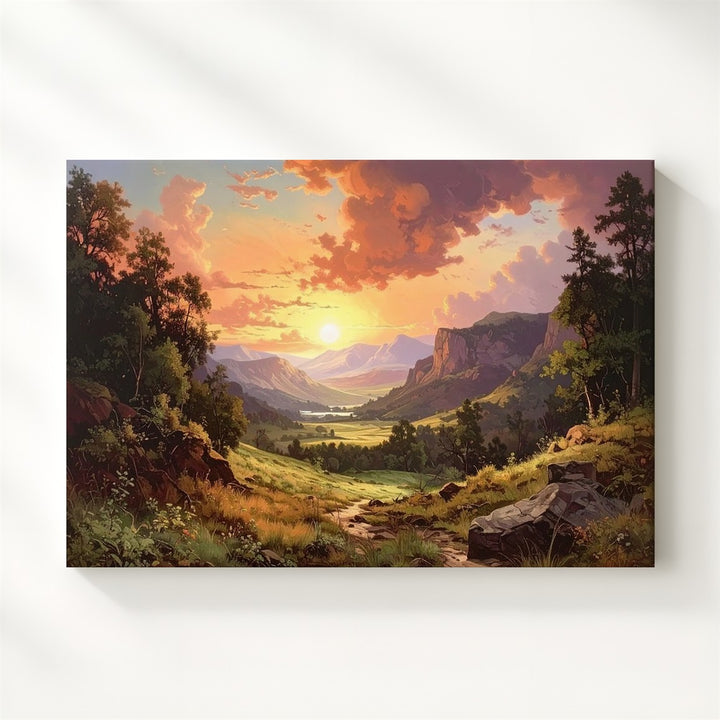 Sunset Valley Canvas – Dramatic Orange-Pink Sky & Wilderness Path Art - Gifitto
