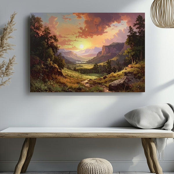 Sunset Valley Canvas – Dramatic Orange-Pink Sky & Wilderness Path Art - Gifitto