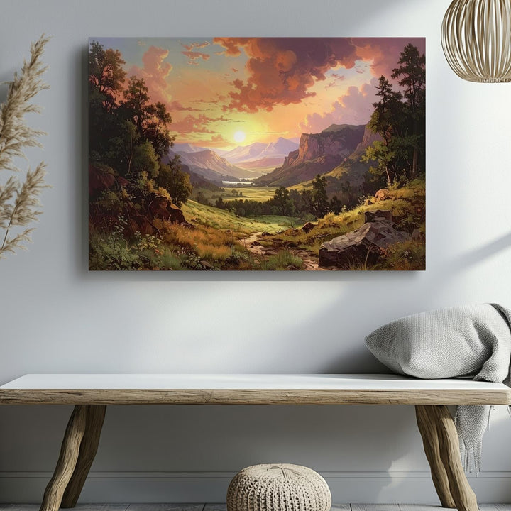 Sunset Valley Canvas – Dramatic Orange-Pink Sky & Wilderness Path Art - Gifitto