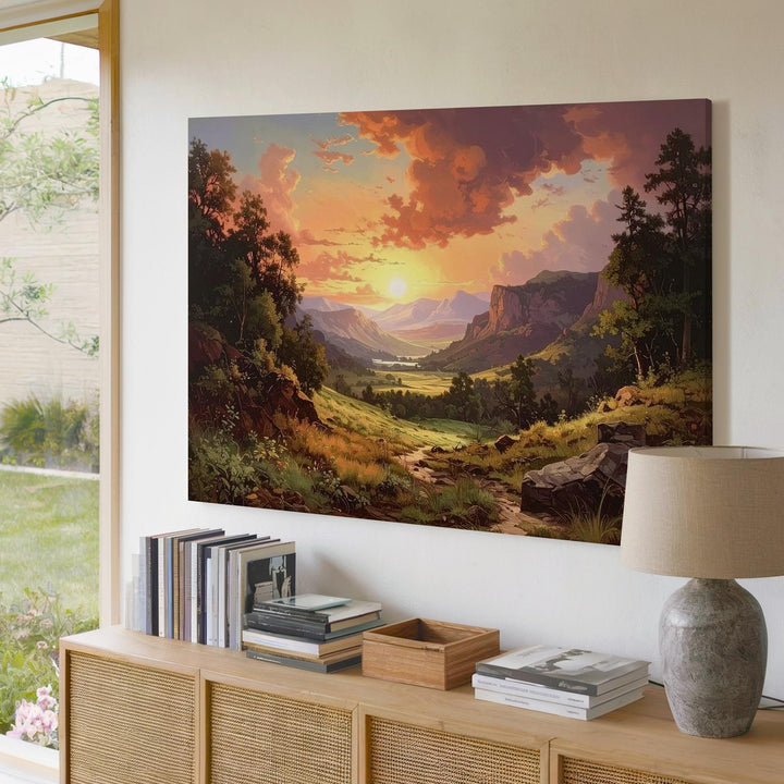 Sunset Valley Canvas – Dramatic Orange-Pink Sky & Wilderness Path Art - Gifitto