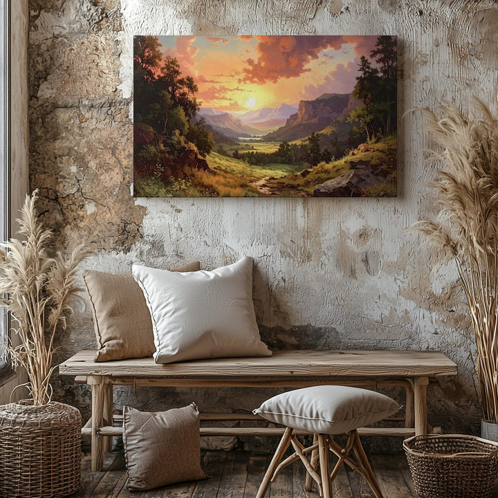 Sunset Valley Canvas – Dramatic Orange-Pink Sky & Wilderness Path Art - Gifitto