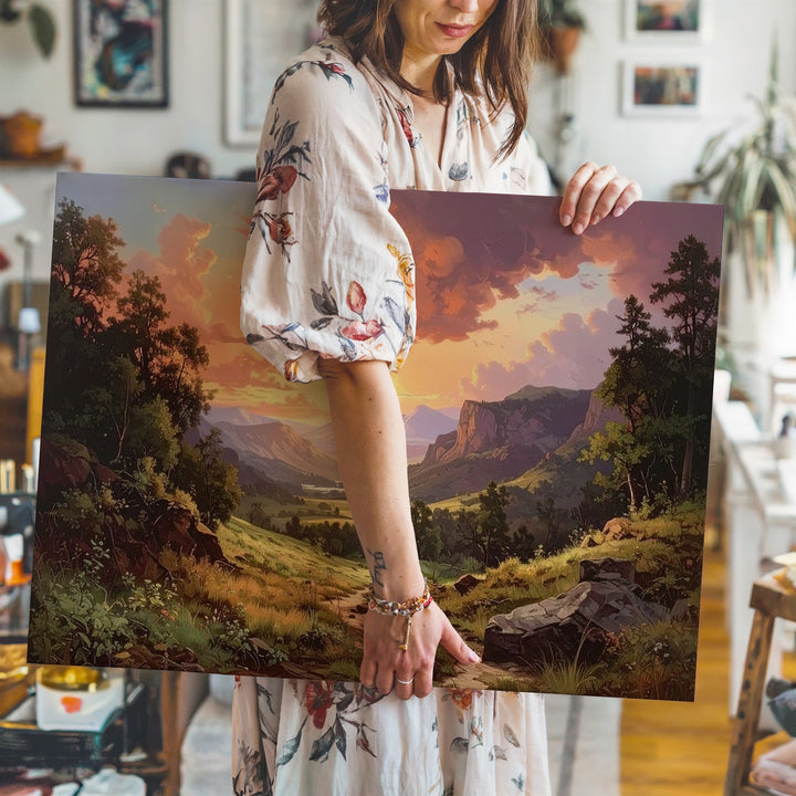 Sunset Valley Canvas – Dramatic Orange-Pink Sky & Wilderness Path Art - Gifitto