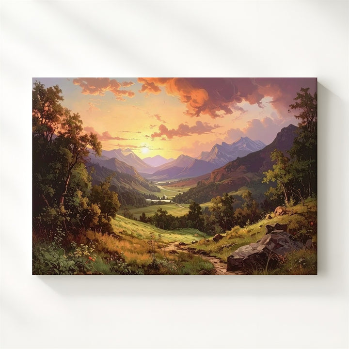 Romantic Sunset Valley Canvas – Painterly Mountain Path & Golden Sky - Gifitto