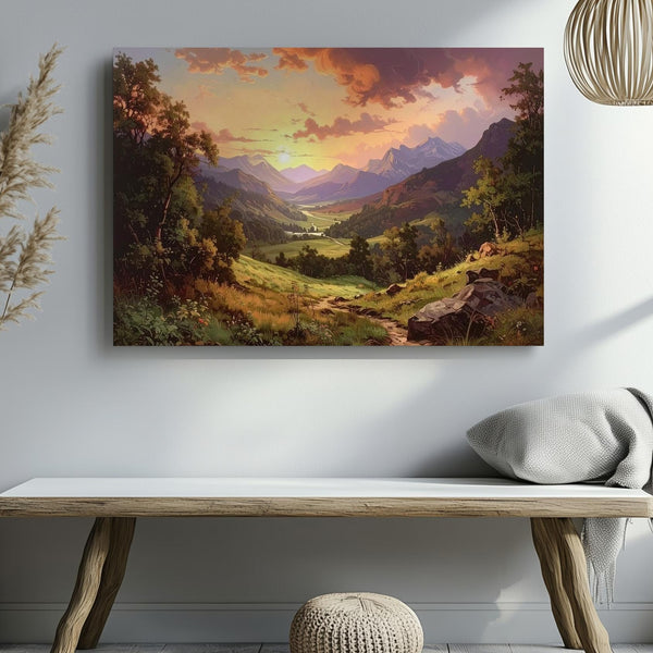 Romantic Sunset Valley Canvas – Painterly Mountain Path & Golden Sky - Gifitto