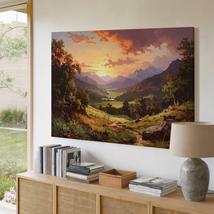 Romantic Sunset Valley Canvas – Painterly Mountain Path & Golden Sky - Gifitto