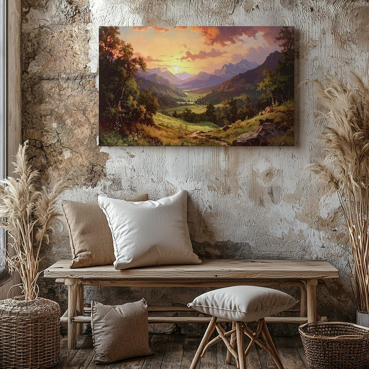 Romantic Sunset Valley Canvas – Painterly Mountain Path & Golden Sky - Gifitto