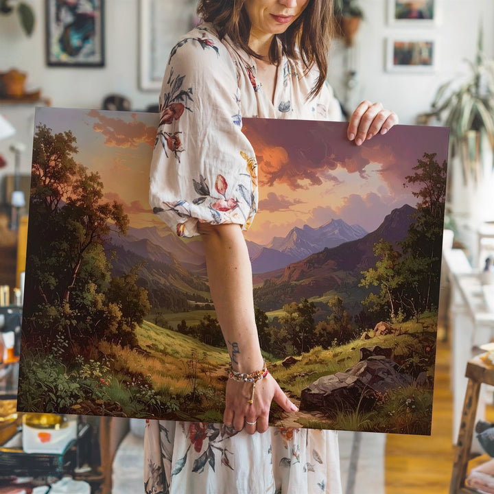 Romantic Sunset Valley Canvas – Painterly Mountain Path & Golden Sky - Gifitto