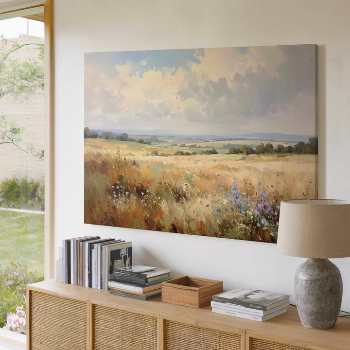 Pastel Summer Meadow Canvas – Soft Watercolor Countryside Landscape Art - Gifitto