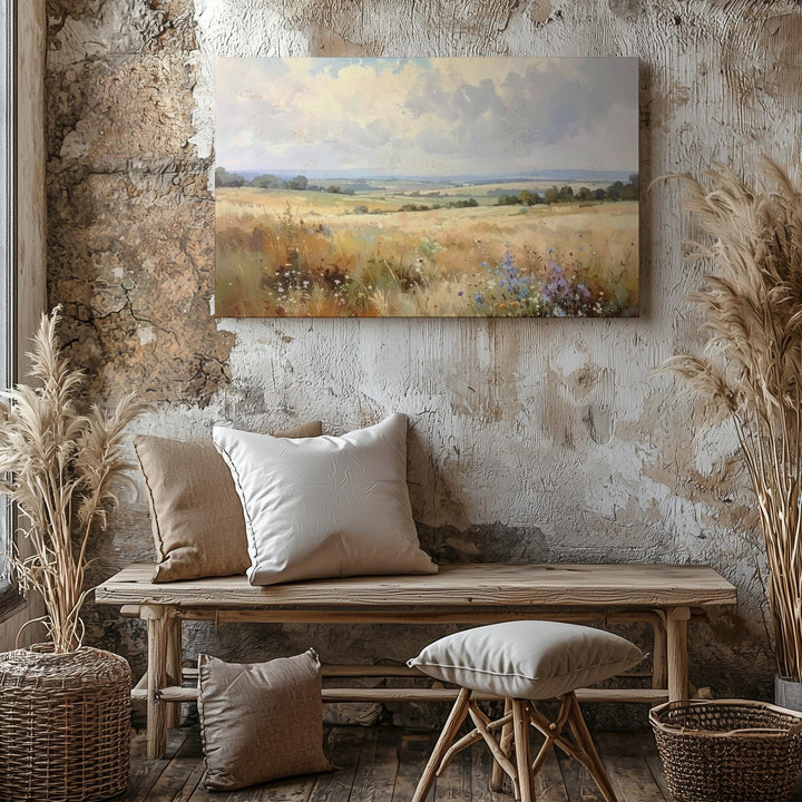 Pastel Summer Meadow Canvas – Soft Watercolor Countryside Landscape Art - Gifitto