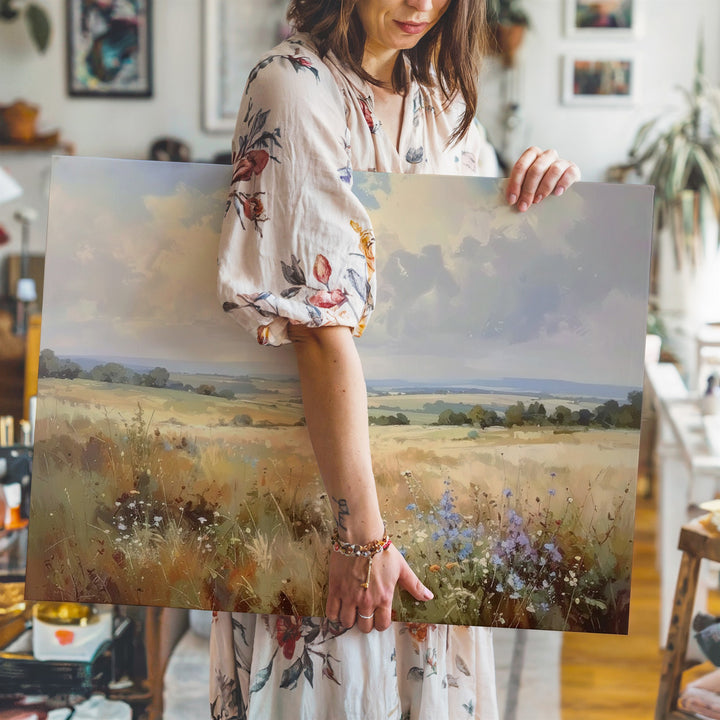 Pastel Summer Meadow Canvas – Soft Watercolor Countryside Landscape Art - Gifitto