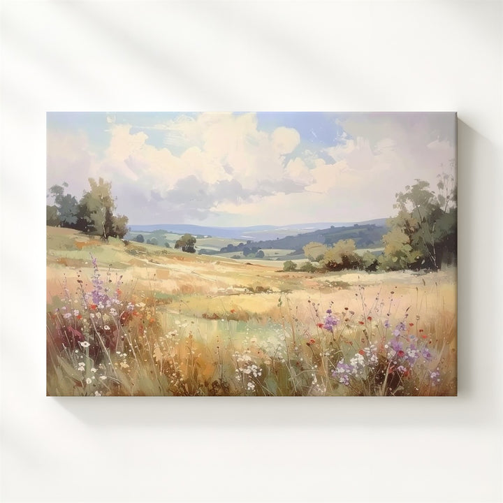 Whispering Meadow Canvas – Soft Watercolor Pasture with Wildflowers & Clouds - Gifitto