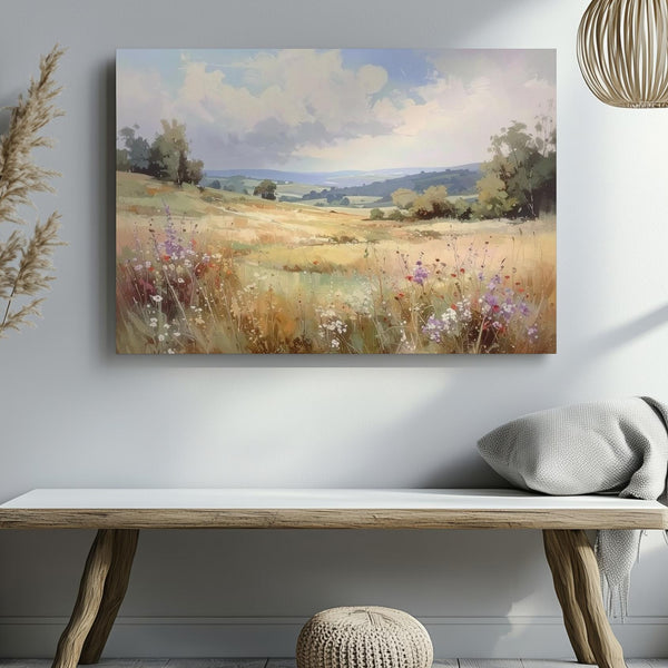 Whispering Meadow Canvas – Soft Watercolor Pasture with Wildflowers & Clouds - Gifitto