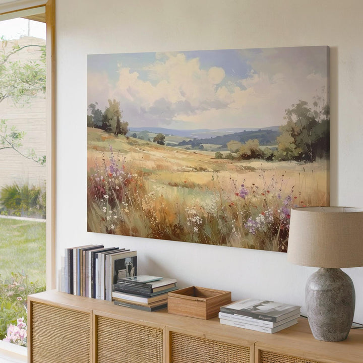 Whispering Meadow Canvas – Soft Watercolor Pasture with Wildflowers & Clouds - Gifitto
