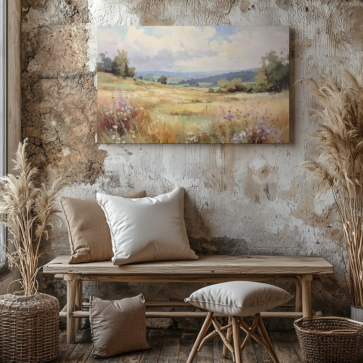 Whispering Meadow Canvas – Soft Watercolor Pasture with Wildflowers & Clouds - Gifitto
