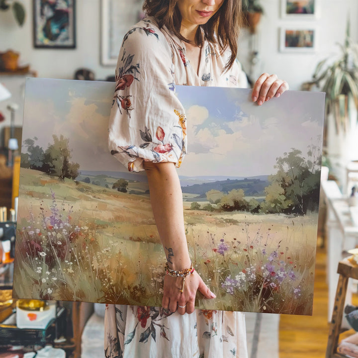 Whispering Meadow Canvas – Soft Watercolor Pasture with Wildflowers & Clouds - Gifitto