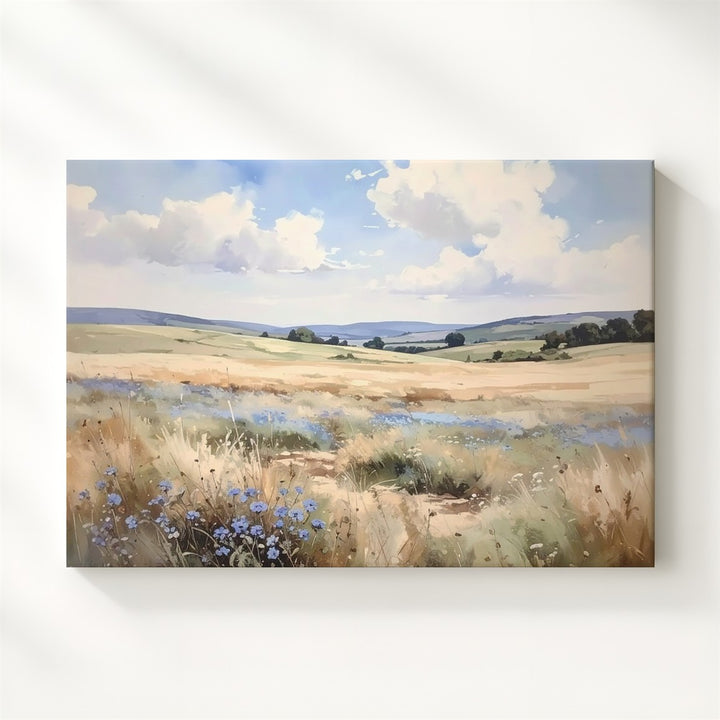 Ethereal Field Canvas – Soft Watercolor Wildflower Landscape with Cloudy Sky - Gifitto
