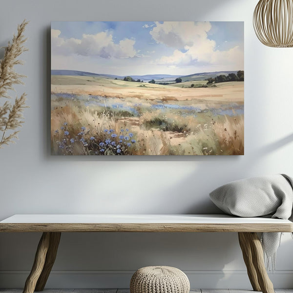 Ethereal Field Canvas – Soft Watercolor Wildflower Landscape with Cloudy Sky - Gifitto