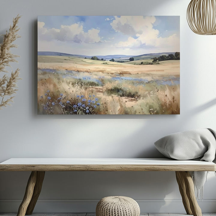 Ethereal Field Canvas – Soft Watercolor Wildflower Landscape with Cloudy Sky - Gifitto