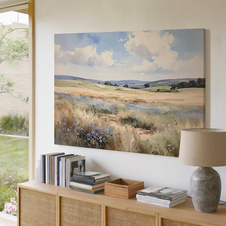 Ethereal Field Canvas – Soft Watercolor Wildflower Landscape with Cloudy Sky - Gifitto