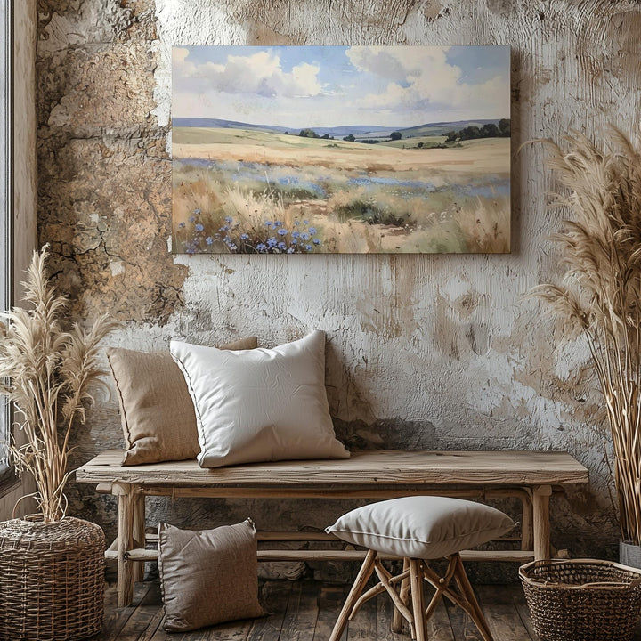 Ethereal Field Canvas – Soft Watercolor Wildflower Landscape with Cloudy Sky - Gifitto