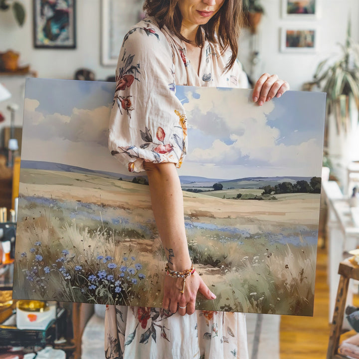 Ethereal Field Canvas – Soft Watercolor Wildflower Landscape with Cloudy Sky - Gifitto