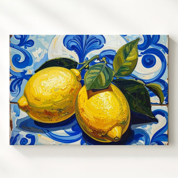 Mediterranean Lemon Tile Canvas – Bold Citrus Still Life on Blue Ceramic Background - Gifitto