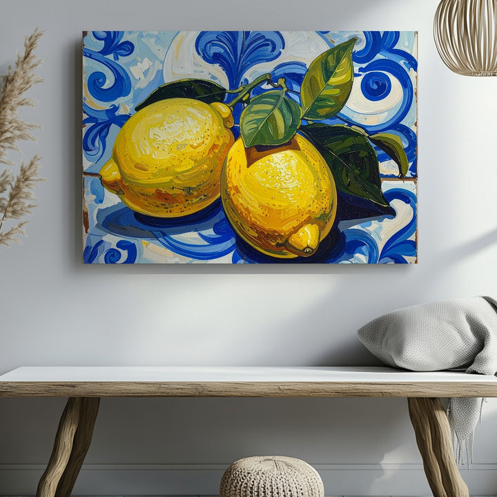 Mediterranean Lemon Tile Canvas – Bold Citrus Still Life on Blue Ceramic Background - Gifitto