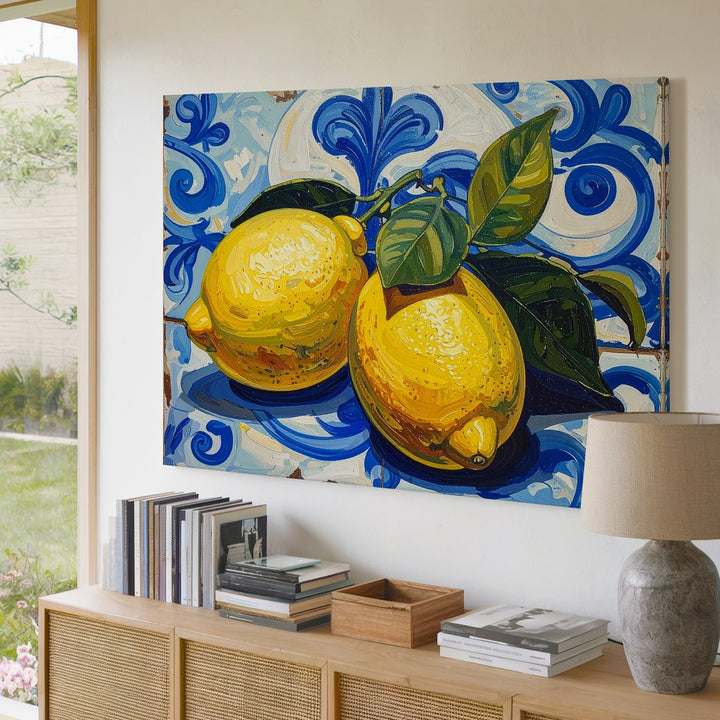 Mediterranean Lemon Tile Canvas – Bold Citrus Still Life on Blue Ceramic Background - Gifitto