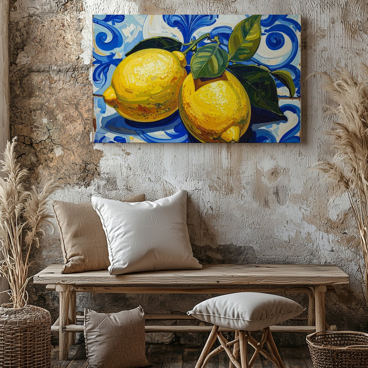 Mediterranean Lemon Tile Canvas – Bold Citrus Still Life on Blue Ceramic Background - Gifitto