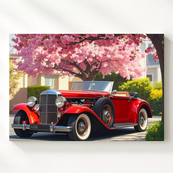 Springtime Roadster Canvas – Red Vintage Car Beneath Blooming Tree - Gifitto
