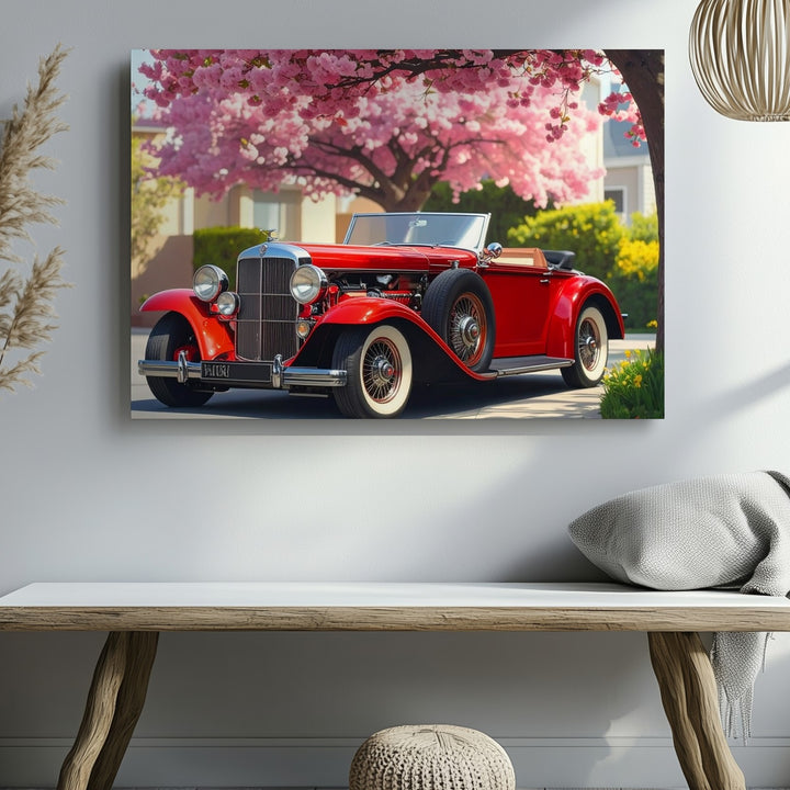 Springtime Roadster Canvas – Red Vintage Car Beneath Blooming Tree - Gifitto
