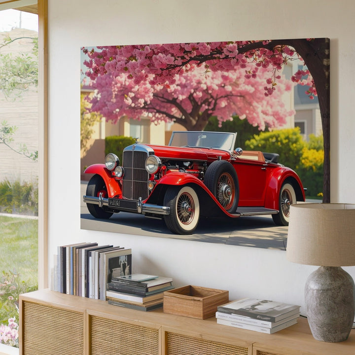 Springtime Roadster Canvas – Red Vintage Car Beneath Blooming Tree - Gifitto