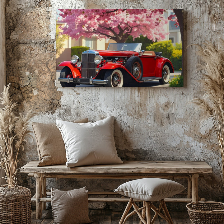 Springtime Roadster Canvas – Red Vintage Car Beneath Blooming Tree - Gifitto