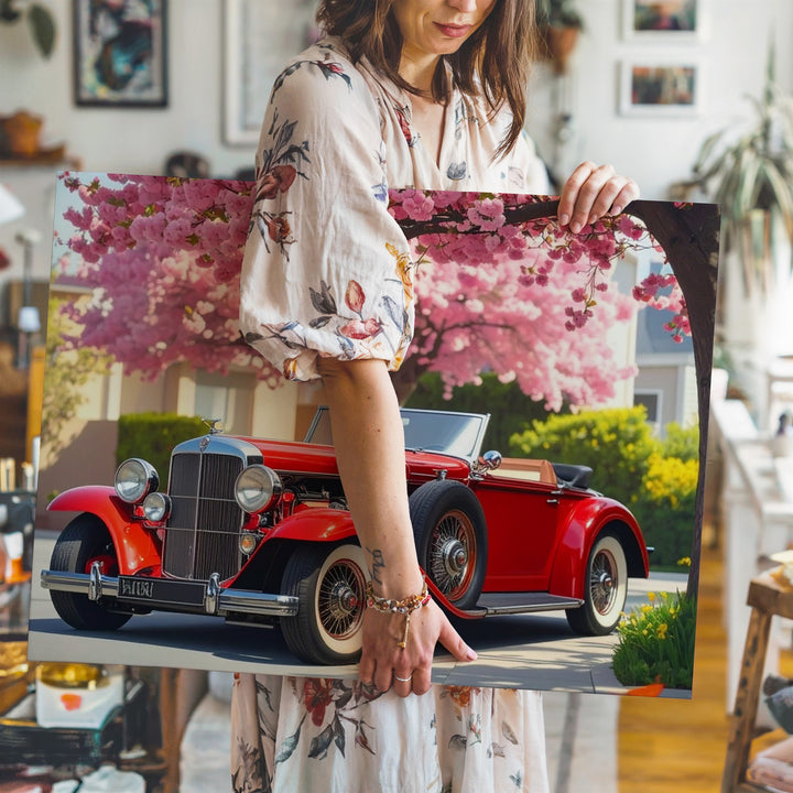 Springtime Roadster Canvas – Red Vintage Car Beneath Blooming Tree - Gifitto