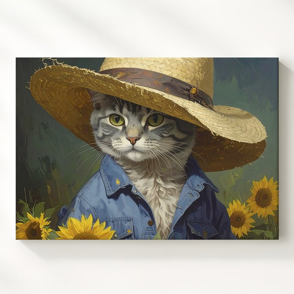 Wise Tabby Cat with Straw Hat Canvas – Rustic Farmer Portrait in Sunflower Shirt - Gifitto