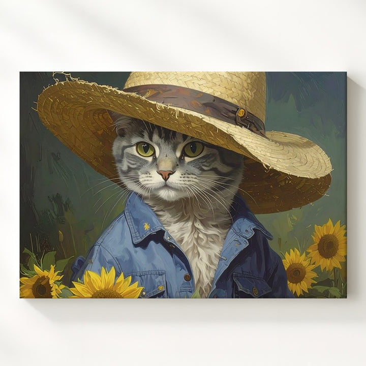 Wise Tabby Cat with Straw Hat Canvas – Rustic Farmer Portrait in Sunflower Shirt - Gifitto