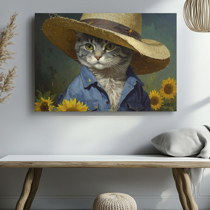 Wise Tabby Cat with Straw Hat Canvas – Rustic Farmer Portrait in Sunflower Shirt - Gifitto