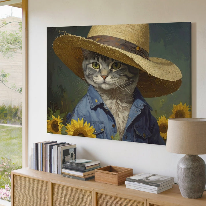 Wise Tabby Cat with Straw Hat Canvas – Rustic Farmer Portrait in Sunflower Shirt - Gifitto