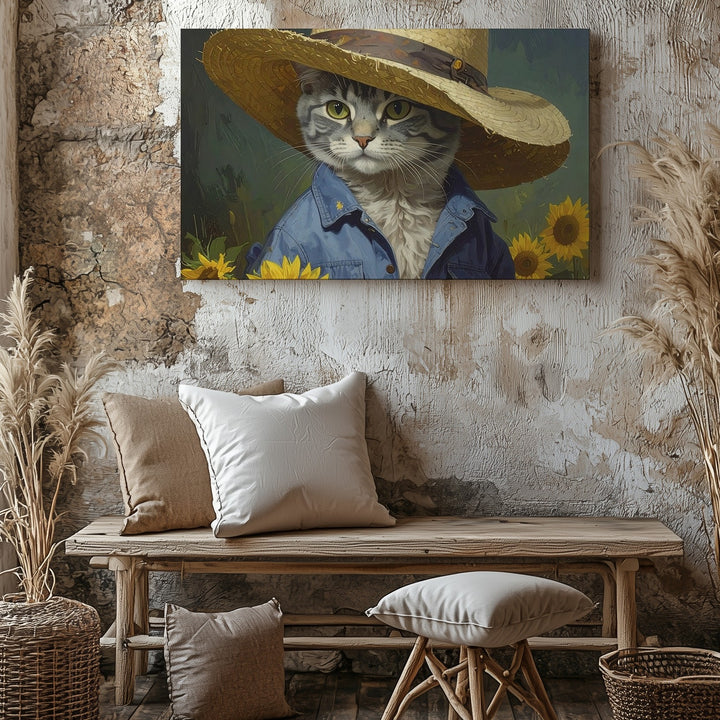 Wise Tabby Cat with Straw Hat Canvas – Rustic Farmer Portrait in Sunflower Shirt - Gifitto