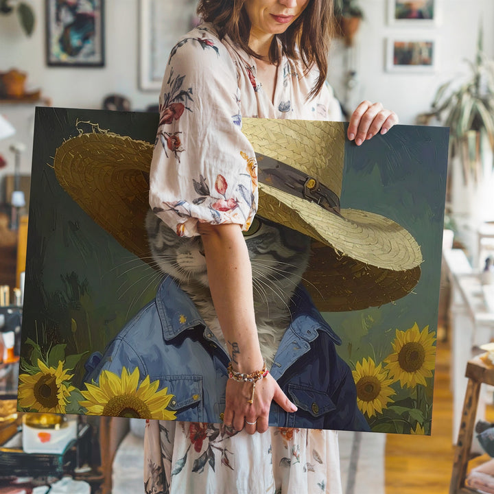 Wise Tabby Cat with Straw Hat Canvas – Rustic Farmer Portrait in Sunflower Shirt - Gifitto