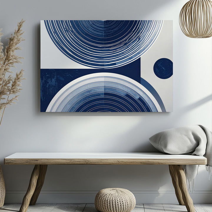 Navy Semicircle Trio Canvas – Minimalist Mid-Century Geometric Art - Gifitto