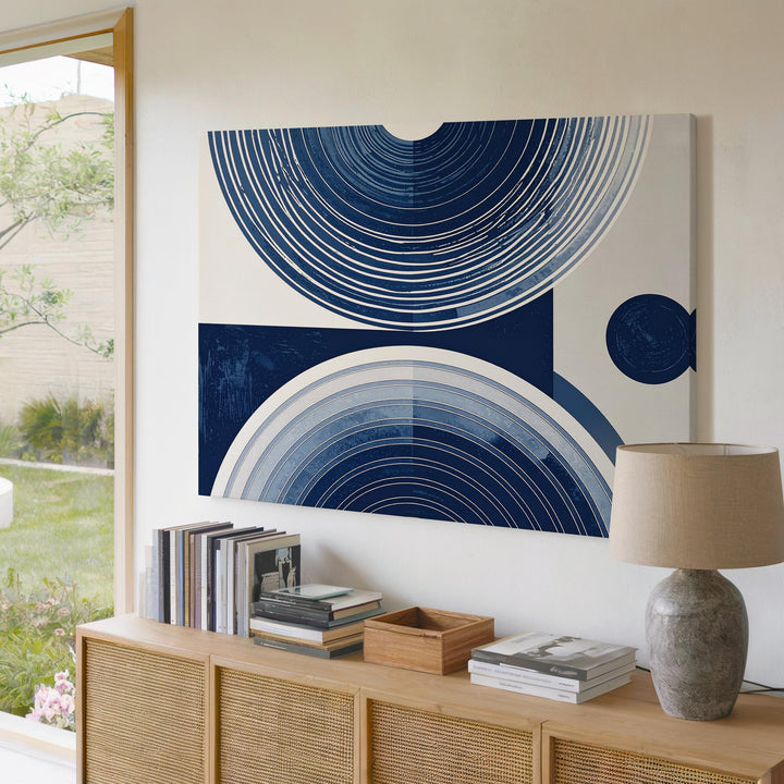 Navy Semicircle Trio Canvas – Minimalist Mid-Century Geometric Art - Gifitto