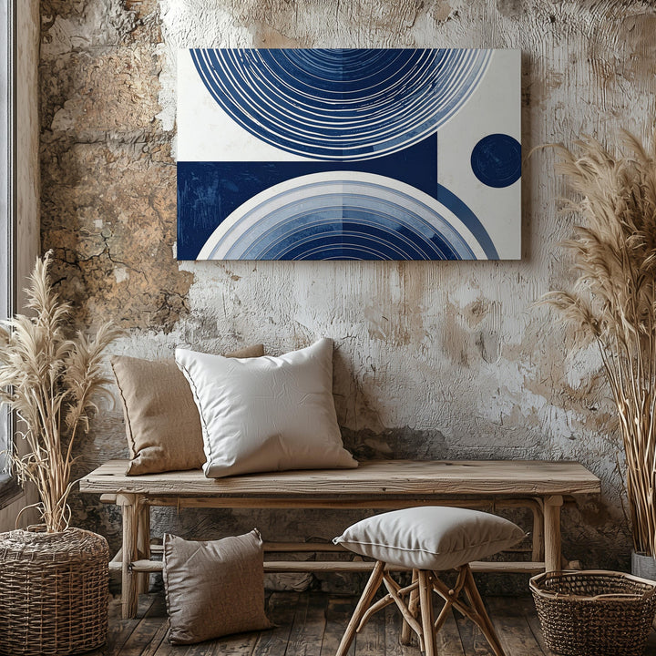 Navy Semicircle Trio Canvas – Minimalist Mid-Century Geometric Art - Gifitto