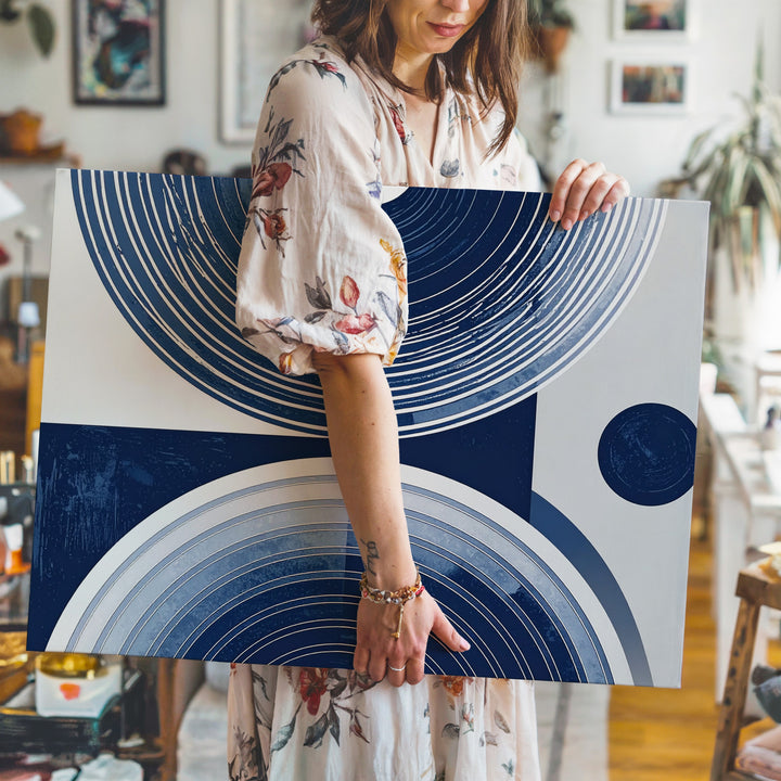 Navy Semicircle Trio Canvas – Minimalist Mid-Century Geometric Art - Gifitto