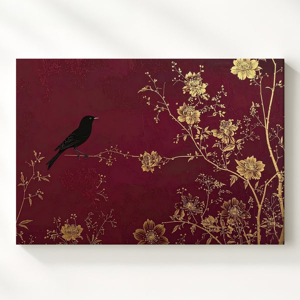 Golden Vine & Black Bird Canvas – Minimalist East Asian-Inspired Wall Art - Gifitto